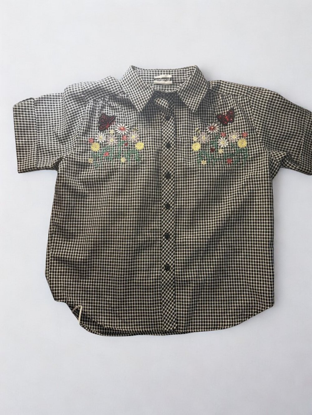 BonWorth Black & White Gingham Embroidered Butterfly Button Up Top